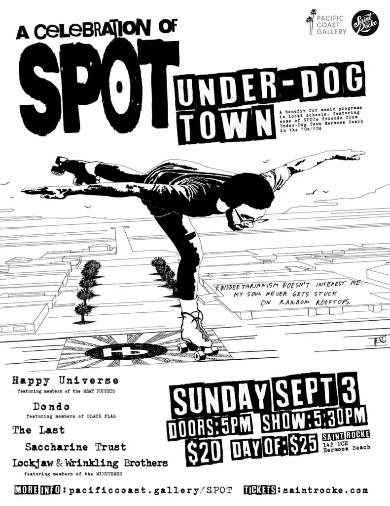 Show art for 'Under-Dog Town, A Celebration of SPOT' event, featuring iconic elements from SPOT's music legacy